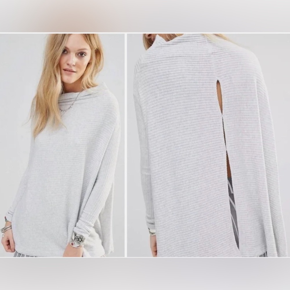 Free People We The Free Lover Rib Split Back Pullover Cowl Neck Gray Size L